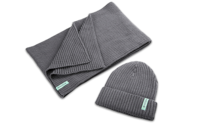 Škoda Mütze und Schal, gestrickt, grau