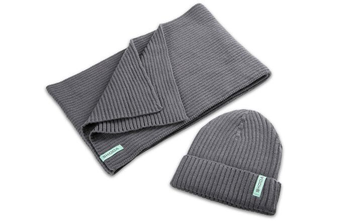 Škoda Mütze und Schal, gestrickt, grau