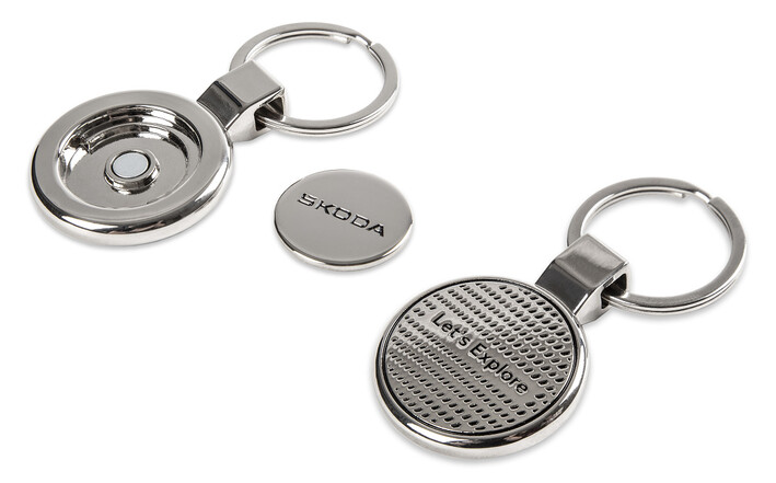 Škoda Schlüsselanhänger mit Pfandchip, silber/schwarz